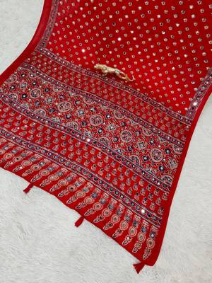 Red Color Mirror Work Satin Saree 4