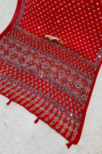 Red Color Mirror Work Satin Saree