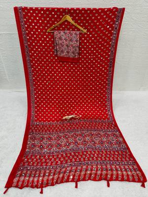 Red Color Mirror Work Satin Saree 5