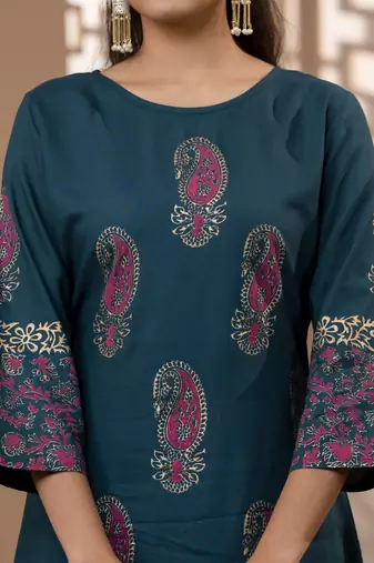 rayon block print straight kurta,teal blue,(s,m,l,xl,2xl,3xl)