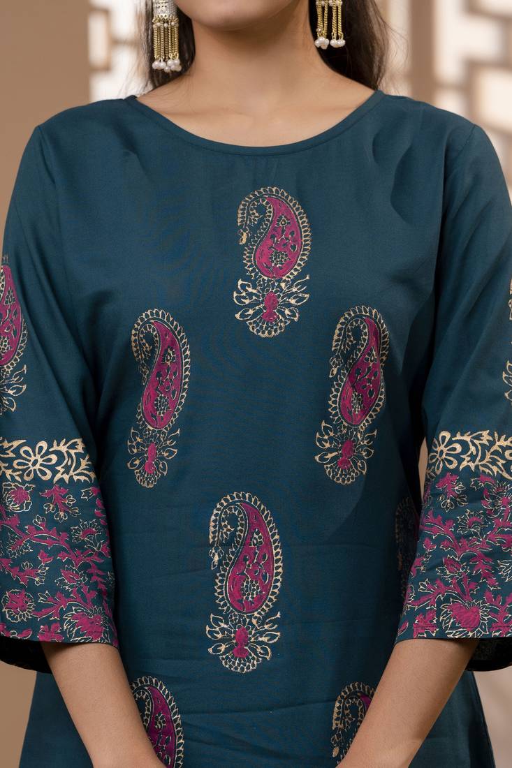 rayon block print straight kurta,teal blue,(s,m,l,xl,2xl,3xl)