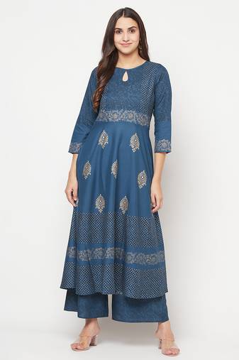 Rayon block print anarkali palazzo set blue