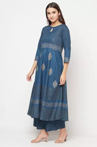 Rayon block print anarkali palazzo set,blue,(s,m,l,xl,2xl,3xl)