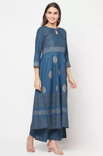 Rayon block print anarkali palazzo set,blue,(s,m,l,xl,2xl,3xl)