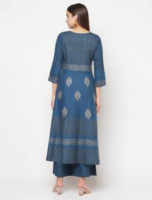 Rayon block print anarkali palazzo set,blue,(s,m,l,xl,2xl,3xl) 4