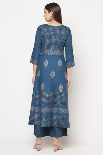 Rayon block print anarkali palazzo set,blue,(s,m,l,xl,2xl,3xl)