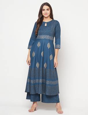 Rayon block print anarkali kurta,blue,(s,m,l,xl,2xl,3xl) 1