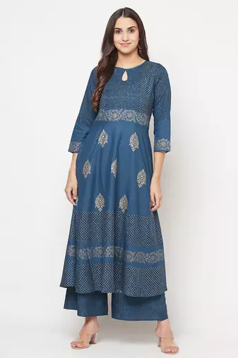 Rayon block print anarkali kurta,blue,(s,m,l,xl,2xl,3xl)