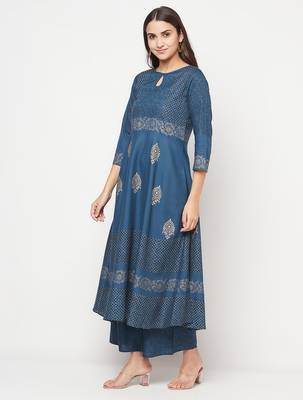 Rayon block print anarkali kurta,blue,(s,m,l,xl,2xl,3xl) 2