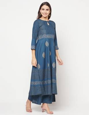 Rayon block print anarkali kurta,blue,(s,m,l,xl,2xl,3xl) 3