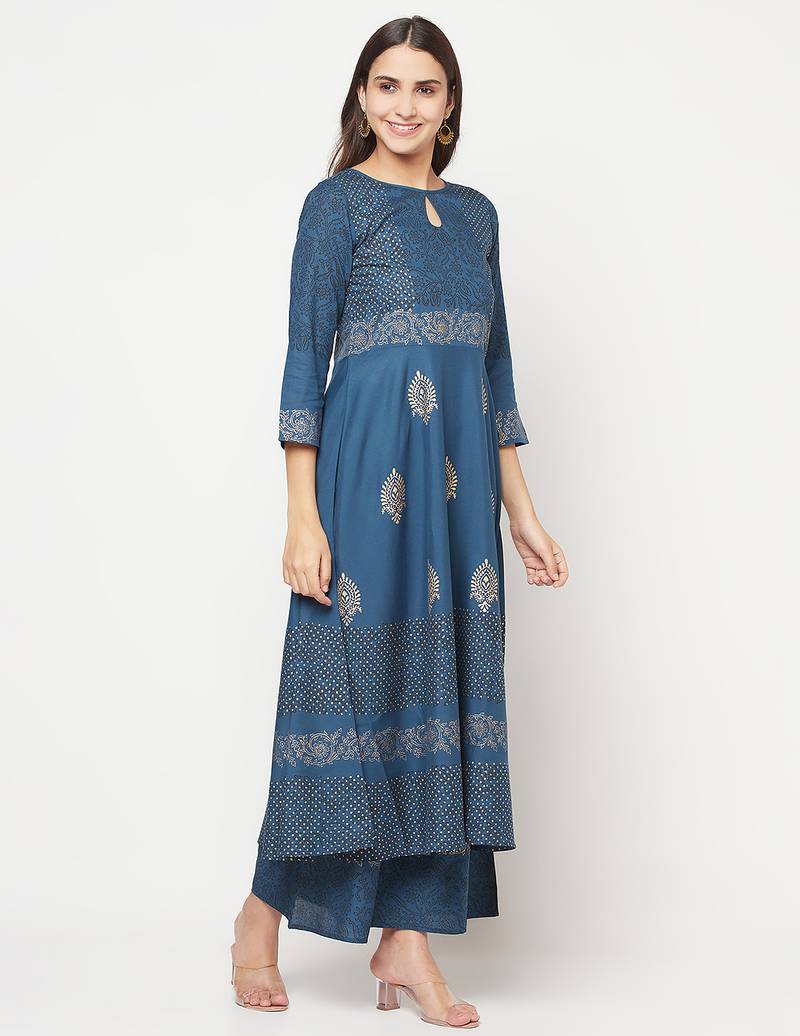 Rayon block print anarkali kurta,blue,(s,m,l,xl,2xl,3xl)