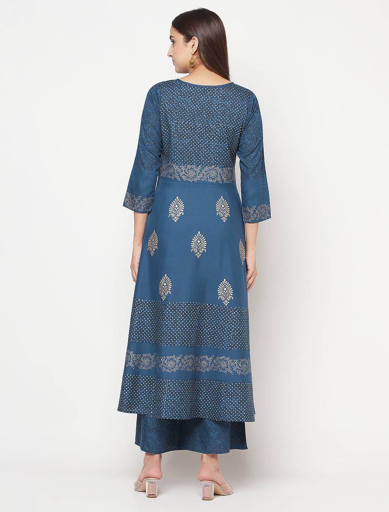 Rayon block print anarkali kurta,blue,(s,m,l,xl,2xl,3xl)