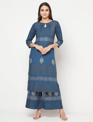 Rayon block print straight kurta palazzo set,blue,(s,m,l,xl,2xl,3xl) 1