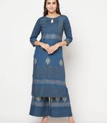 Rayon block print straight kurta palazzo set,blue,(s,m,l,xl,2xl,3xl)
