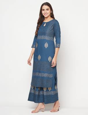 Rayon block print straight kurta palazzo set,blue,(s,m,l,xl,2xl,3xl) 2