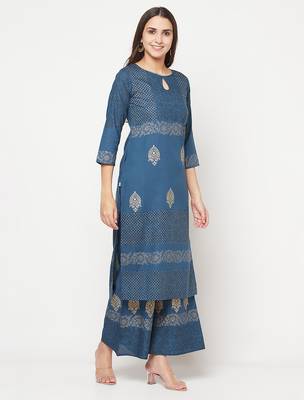 Rayon block print straight kurta palazzo set,blue,(s,m,l,xl,2xl,3xl) 3