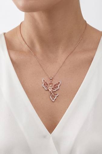 925 Sterling Silver Rose Gold Guardian Angel Wing Pendant Necklace  Set with Cubic Zirconia