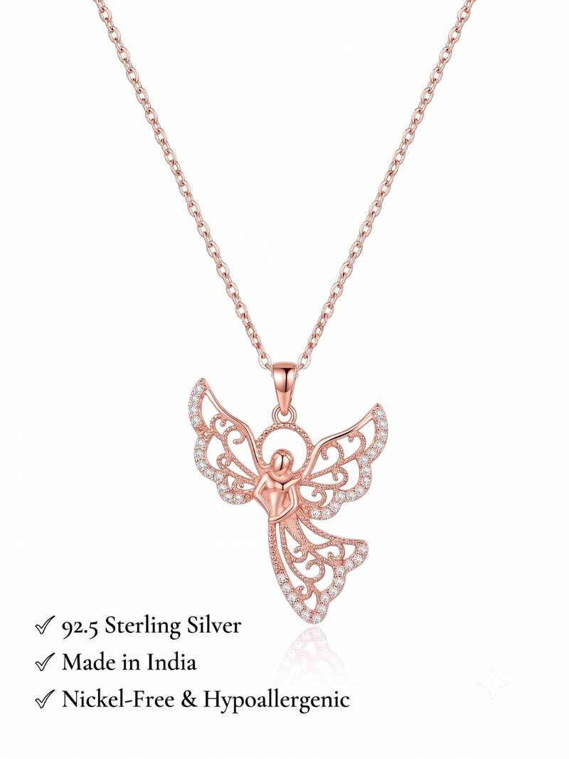 925 Sterling Silver Rose Gold Guardian Angel Wing Pendant Necklace  Set with Cubic Zirconia