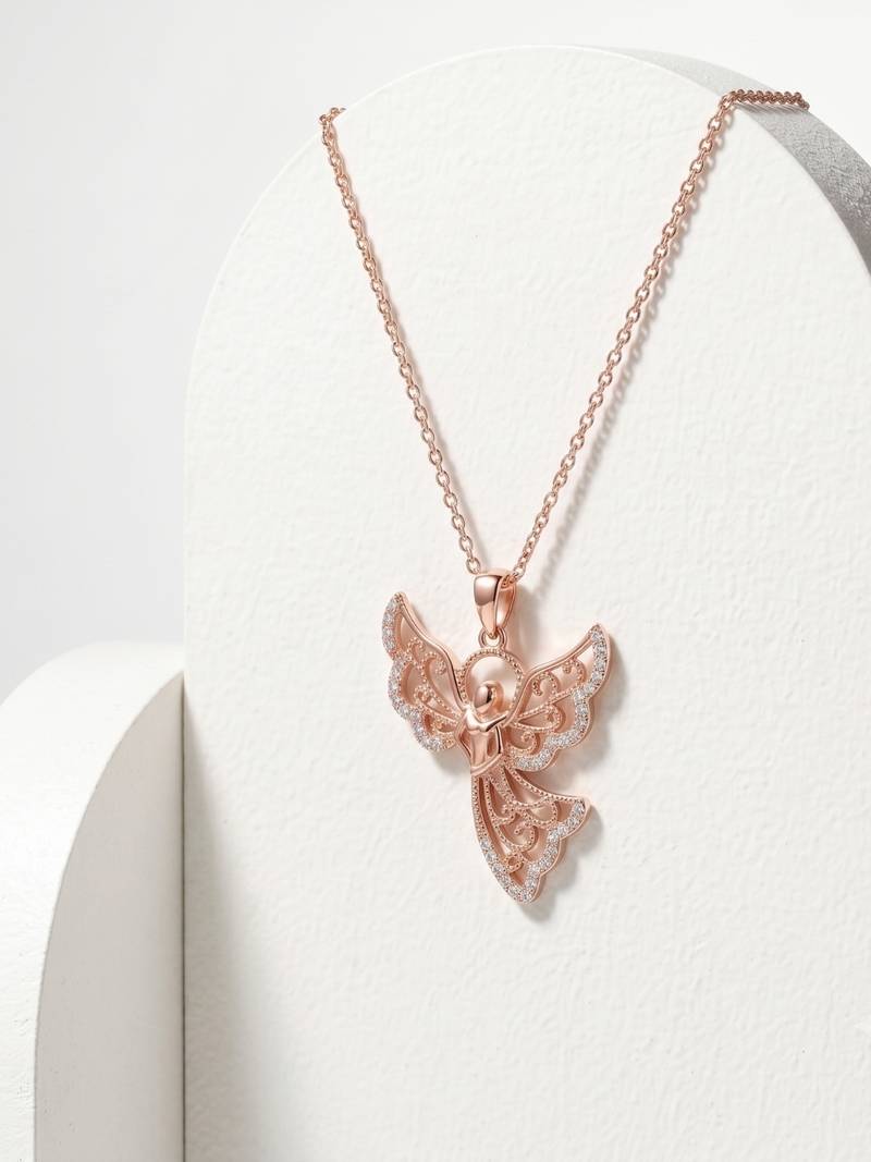 925 Sterling Silver Rose Gold Guardian Angel Wing Pendant Necklace  Set with Cubic Zirconia