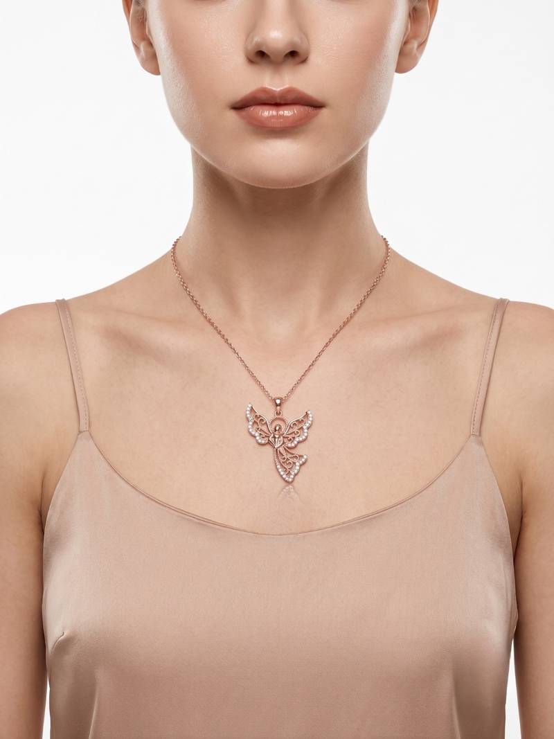 925 Sterling Silver Rose Gold Guardian Angel Wing Pendant Necklace  Set with Cubic Zirconia