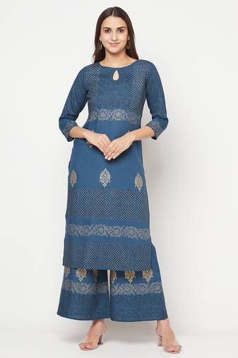 rayon block print straight kurta blue