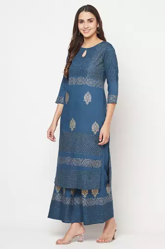rayon block print straight kurta,blue,(s,m,l,xl,2xl,3xl)