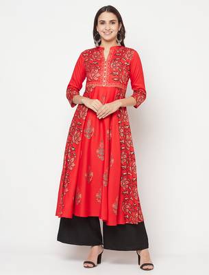 Rayon block print anarkali kurta,red,(s,m,l,xl,2xl,3xl) 1