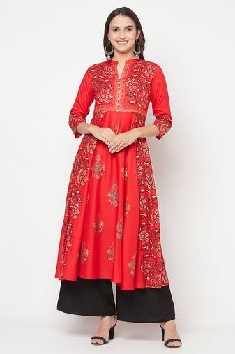 Rayon block print anarkali kurta red