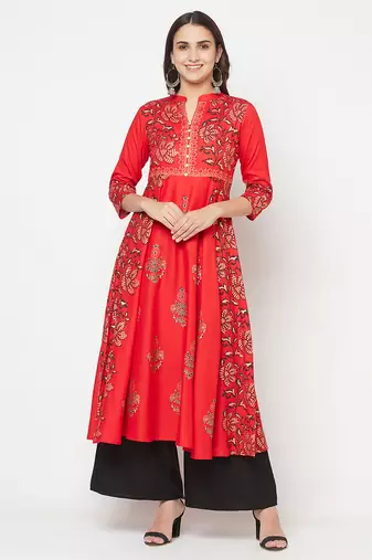 Rayon block print anarkali kurta,red,(s,m,l,xl,2xl,3xl)