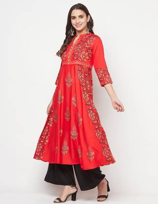 Rayon block print anarkali kurta,red,(s,m,l,xl,2xl,3xl) 2