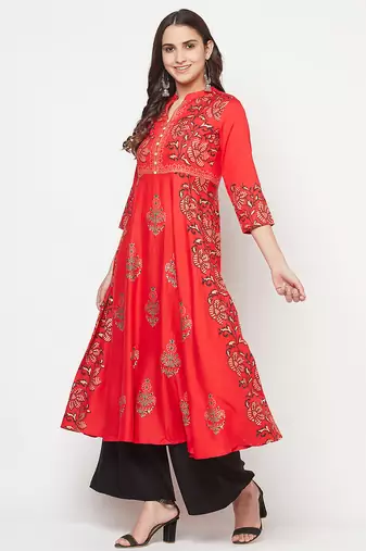 Rayon block print anarkali kurta,red,(s,m,l,xl,2xl,3xl)