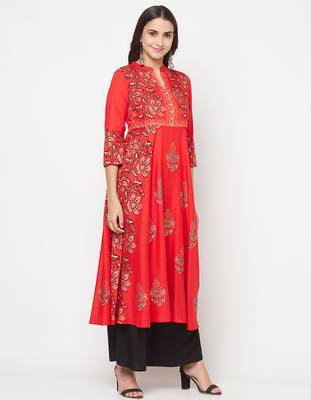 Rayon block print anarkali kurta,red,(s,m,l,xl,2xl,3xl) 3