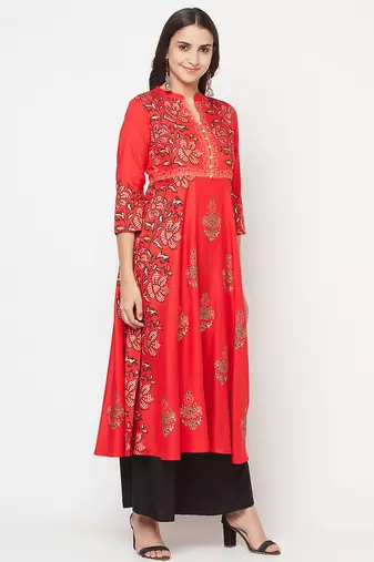 Rayon block print anarkali kurta,red,(s,m,l,xl,2xl,3xl)