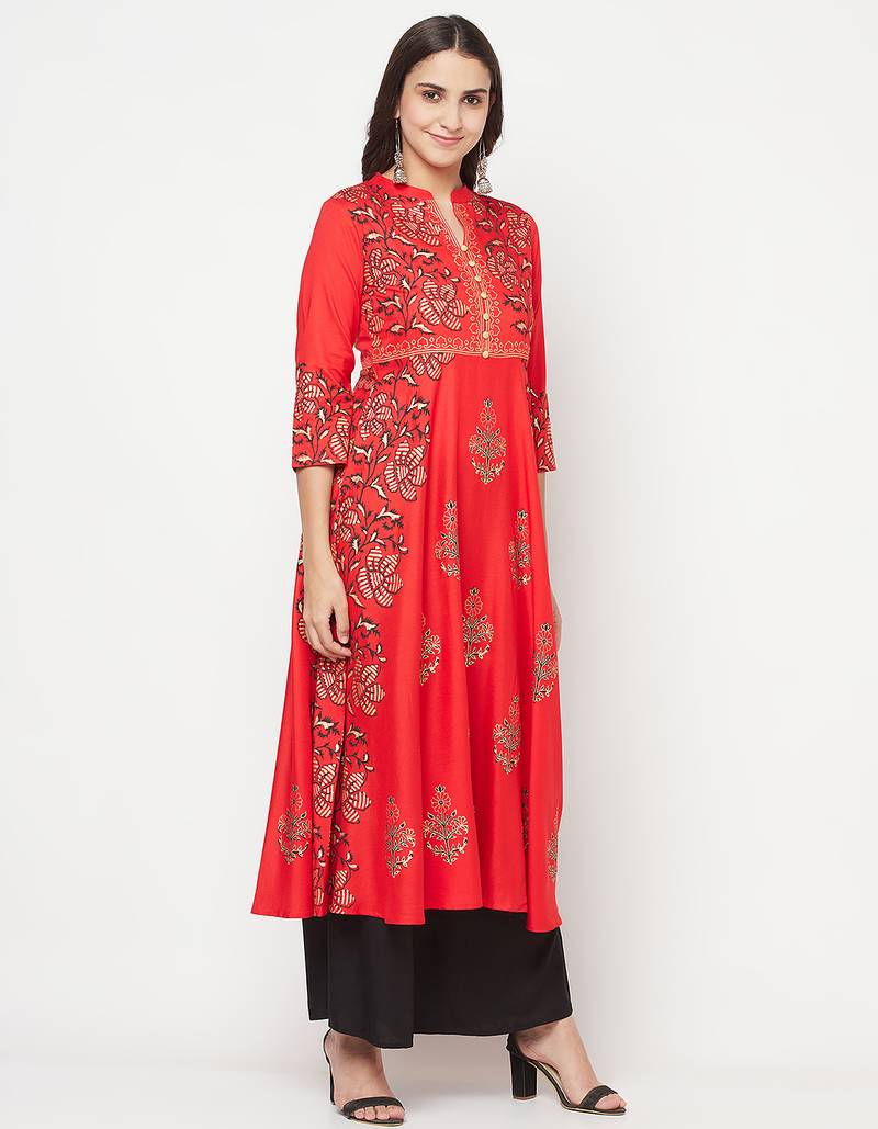 Rayon block print anarkali kurta,red,(s,m,l,xl,2xl,3xl)