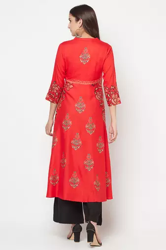 Rayon block print anarkali kurta,red,(s,m,l,xl,2xl,3xl)