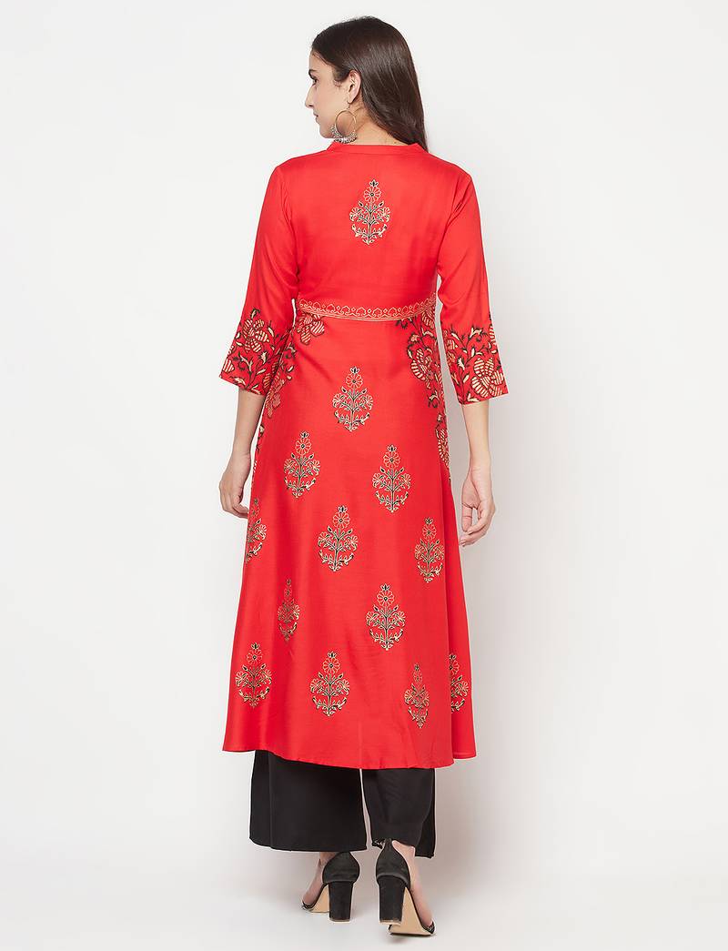 Rayon block print anarkali kurta,red,(s,m,l,xl,2xl,3xl)