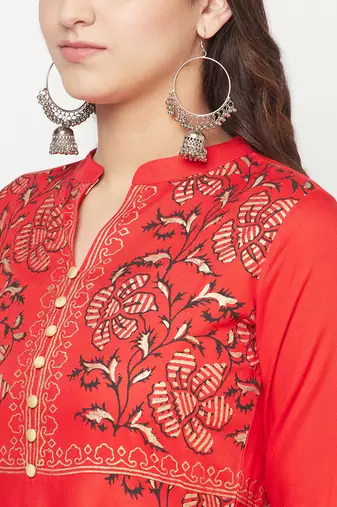 Rayon block print anarkali kurta,red,(s,m,l,xl,2xl,3xl)