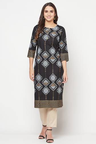 rayon screen print straight kurta black