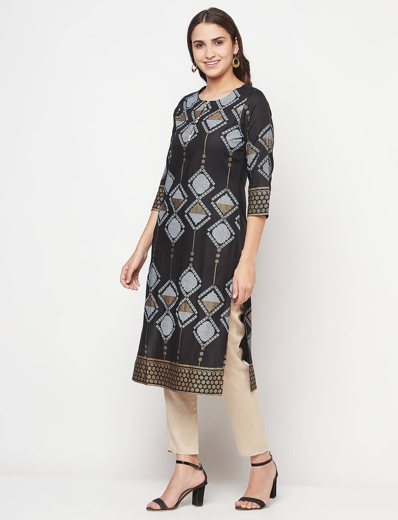 rayon screen print straight kurta,black,(s,m,l,xl,2xl,3xl)