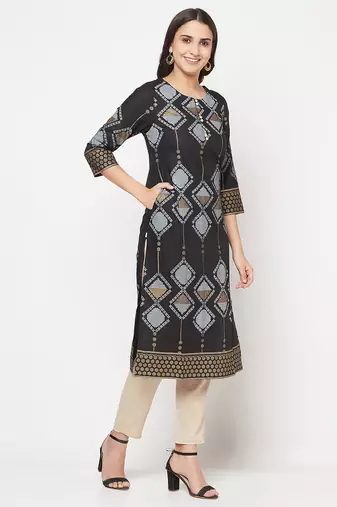 rayon screen print straight kurta,black,(s,m,l,xl,2xl,3xl)