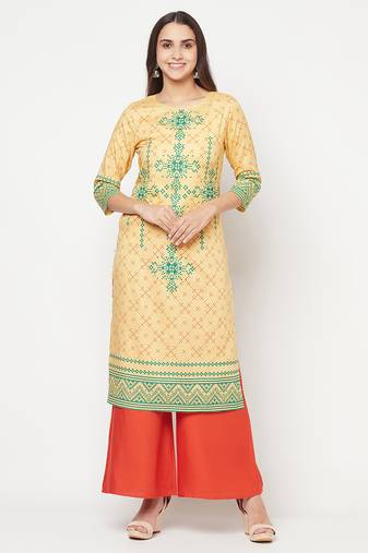 rayon digital screen print straight kurta golden/beige