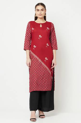 rayon digital screen print straight kurta maroon