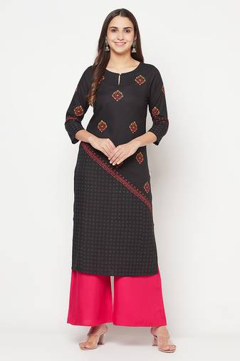 rayon block print straight kurta black