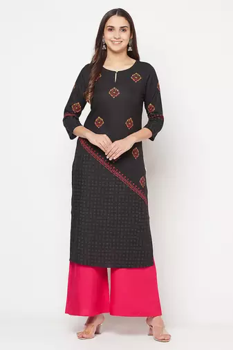 rayon block print straight kurta,black,(s,m,l,xl,2xl,3xl)