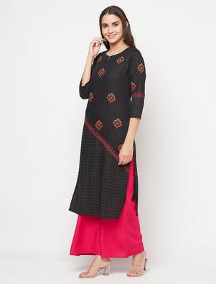 rayon block print straight kurta,black,(s,m,l,xl,2xl,3xl) 2