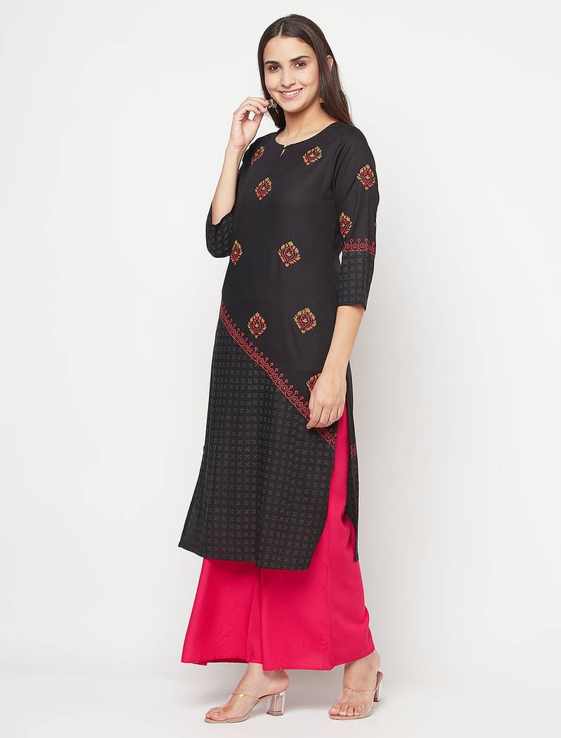 rayon block print straight kurta,black,(s,m,l,xl,2xl,3xl)