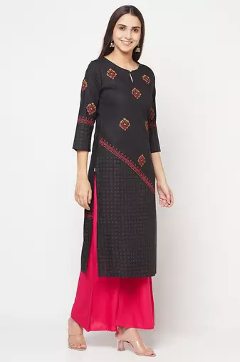 rayon block print straight kurta,black,(s,m,l,xl,2xl,3xl)