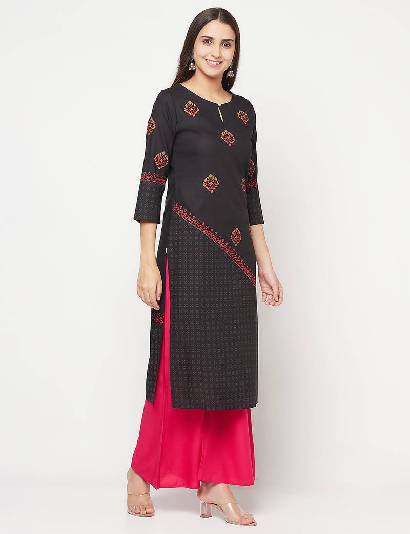 rayon block print straight kurta,black,(s,m,l,xl,2xl,3xl)