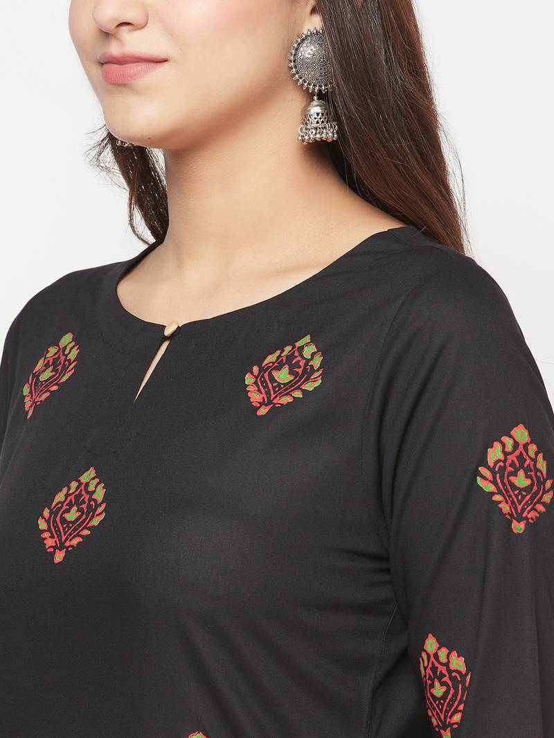 rayon block print straight kurta,black,(s,m,l,xl,2xl,3xl)