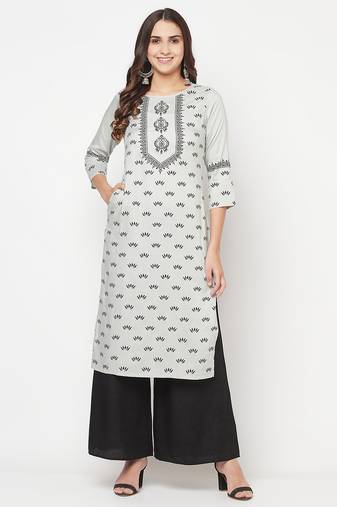 rayon screen print straight kurta light grey